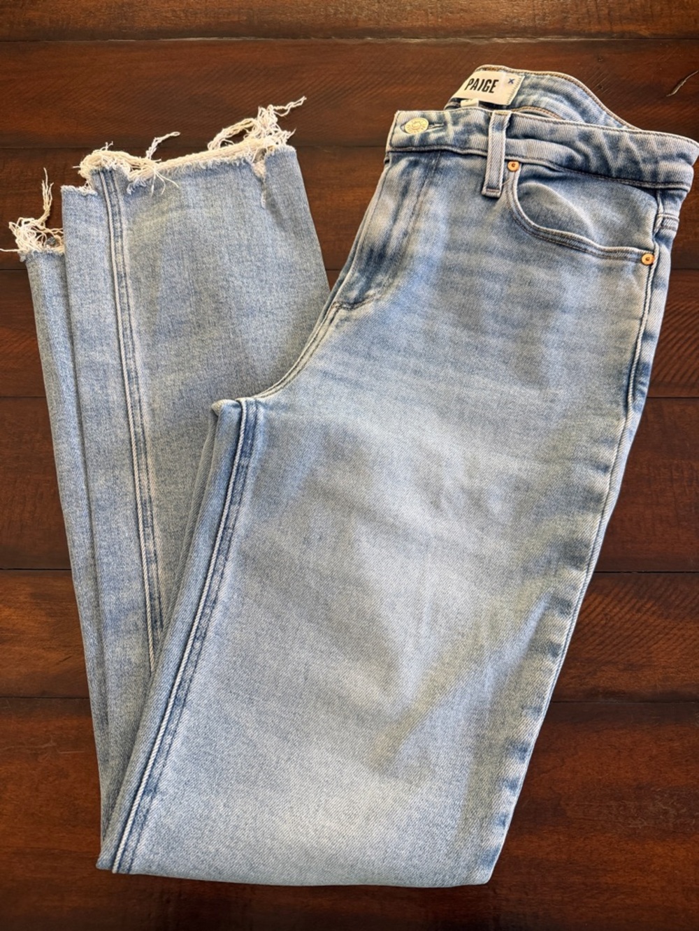 PAIGE Light Blue Cropped Straight Ankle Jeans with Frayed Hem